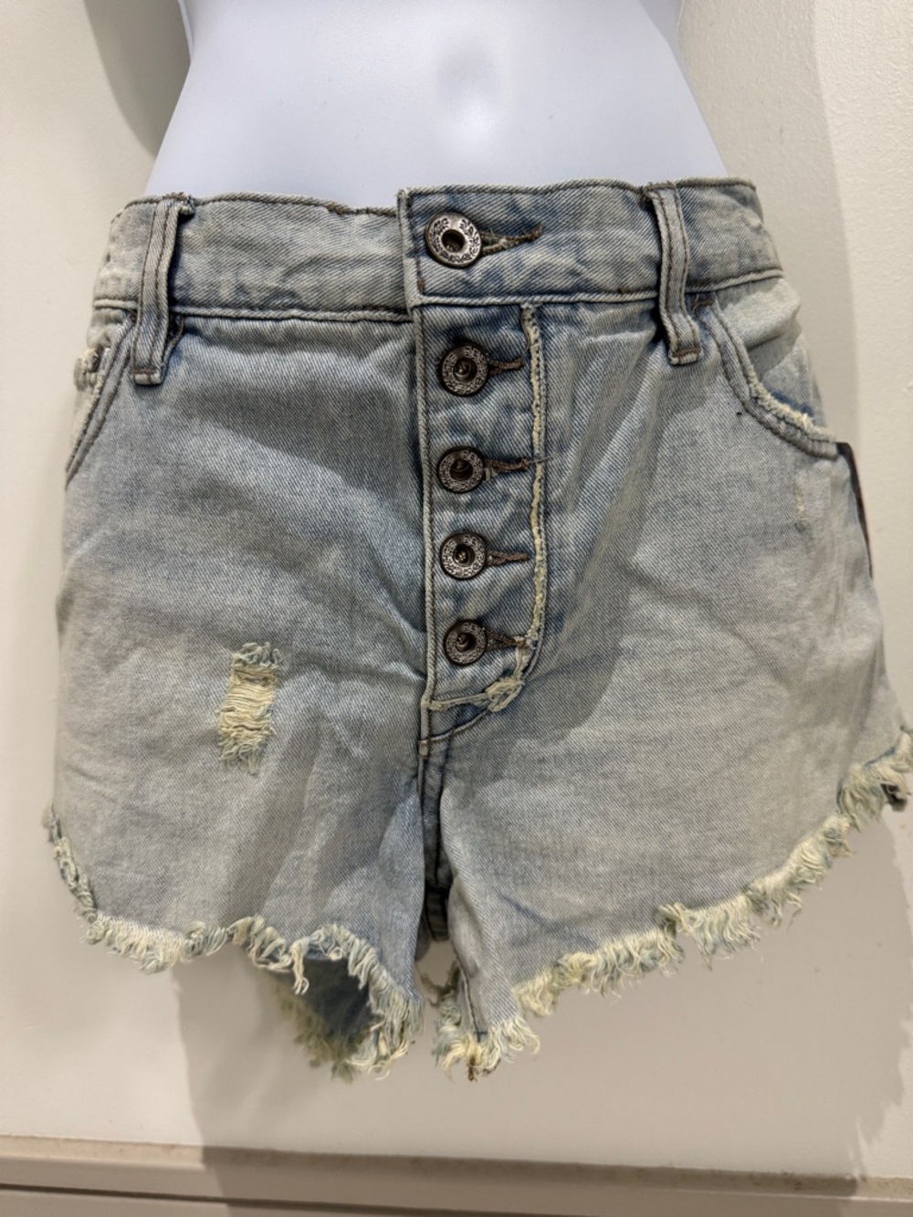 Free People Light Blue Distressed Button-Front Denim Shorts